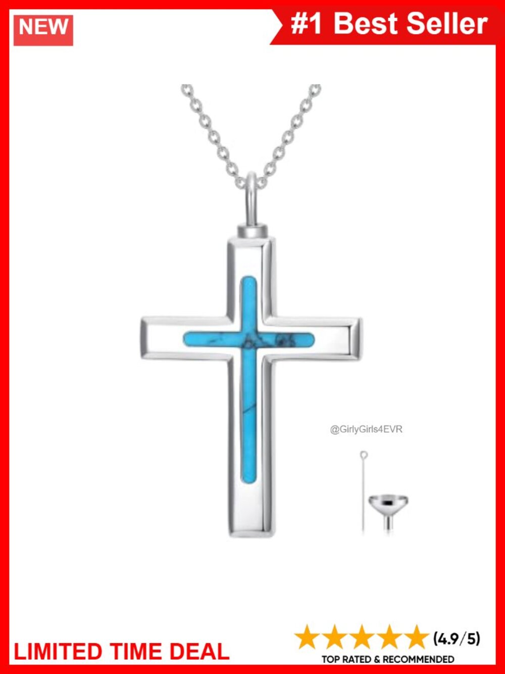 Turquoise Cross Urn Necklace for Ashes Stainless Steel Memorial Keepsake